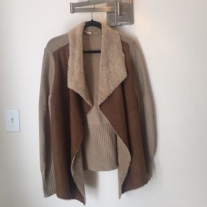 Faux suede + shearling cardigan with knit back